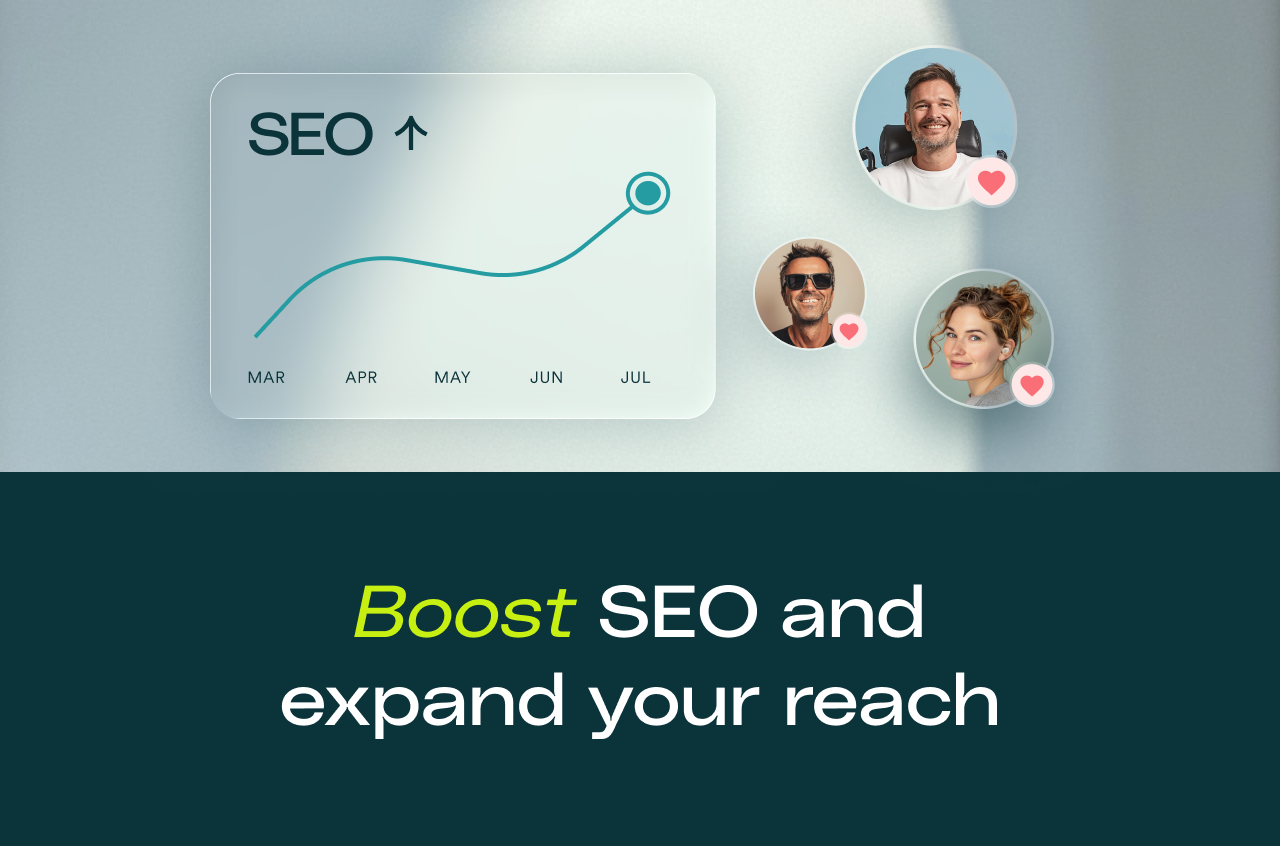 SEO growth chart and smiling users; text says “Boost SEO and expand your reach.”