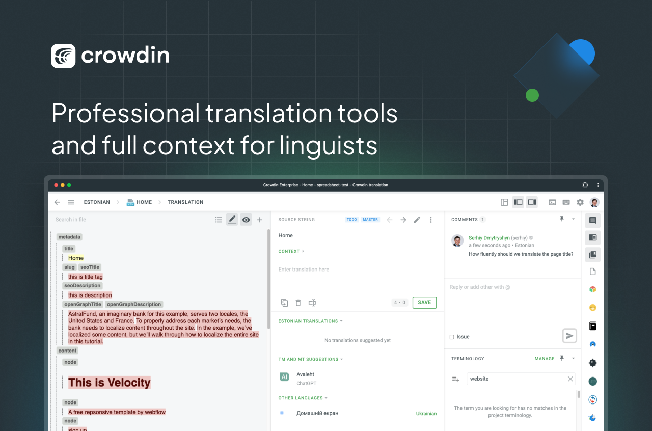 Professional translation tools and full context for linguists