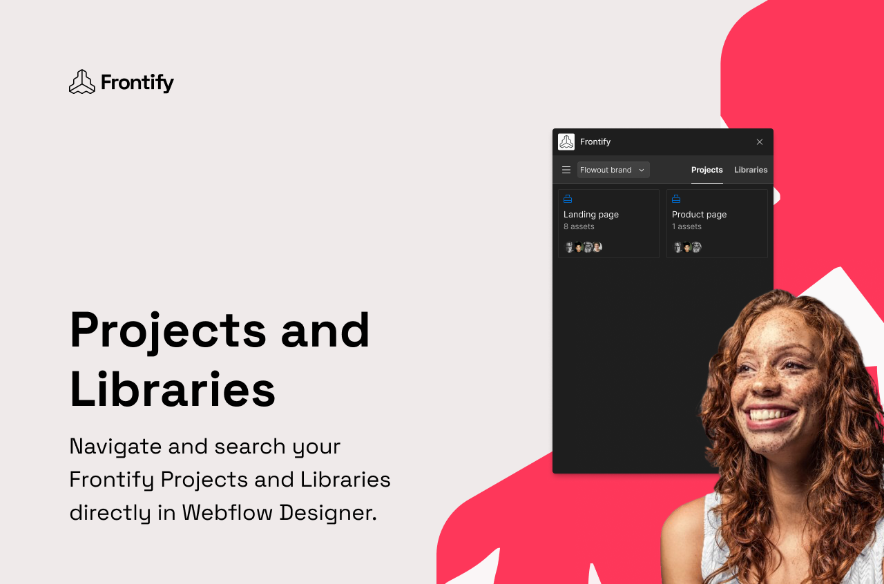 Advertisement for Frontify features a smiling person and a software interface showcasing project asset repository within the Webflow Designer