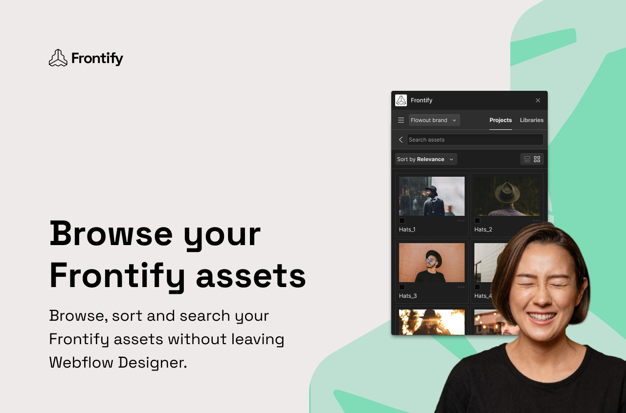 Advertisement for Frontify, highlighting the ease of browsing assets within Webflow Designer.