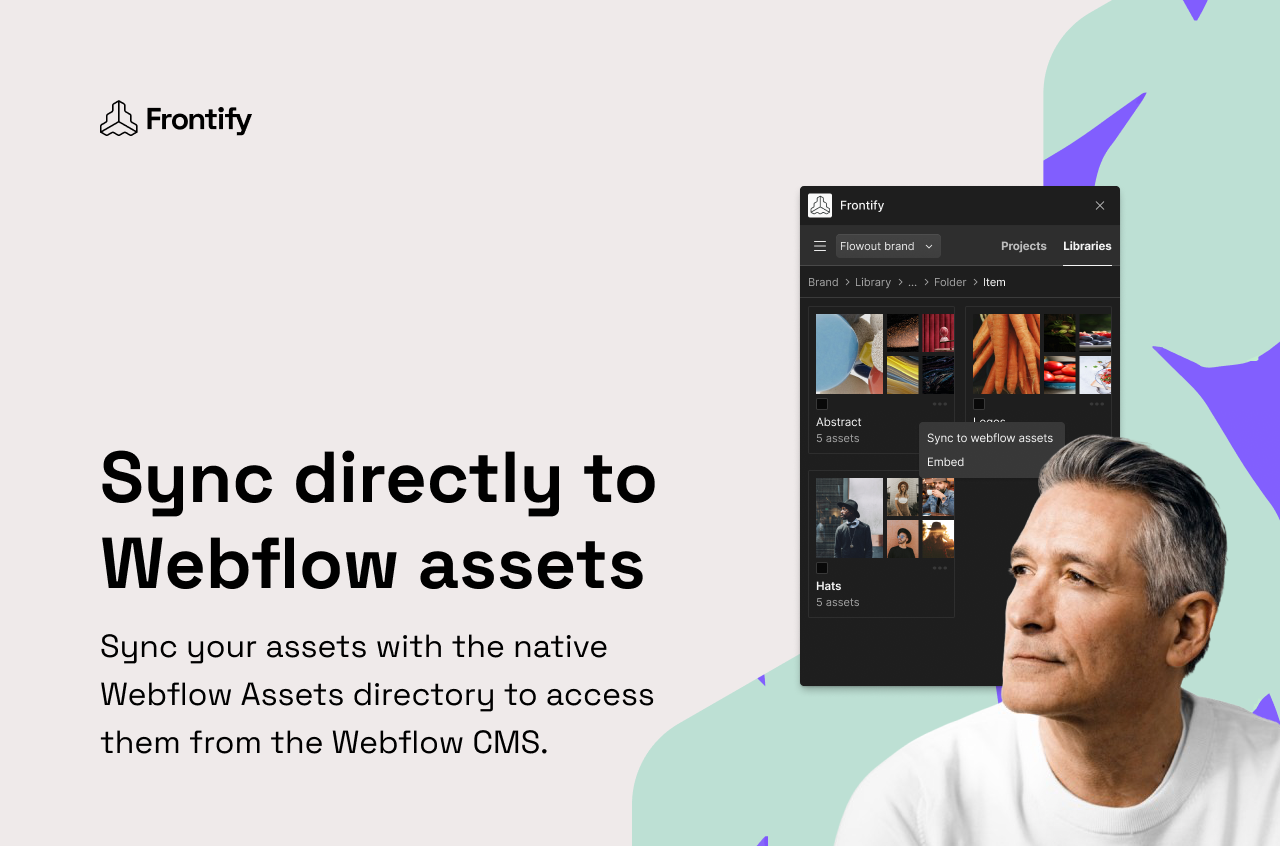 Advertisement for Frontify syncing with Webflow assets, with text and interface screenshot.