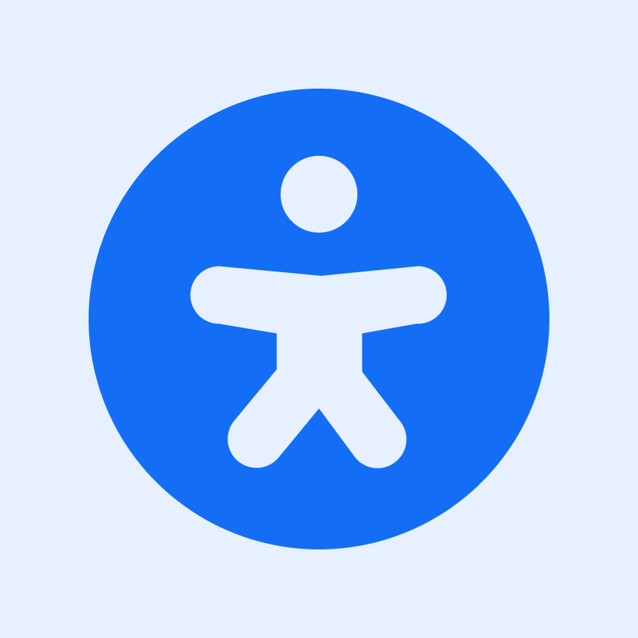 Accessibility symbol, featuring a human figure with arms and legs spread out in a blue circle.